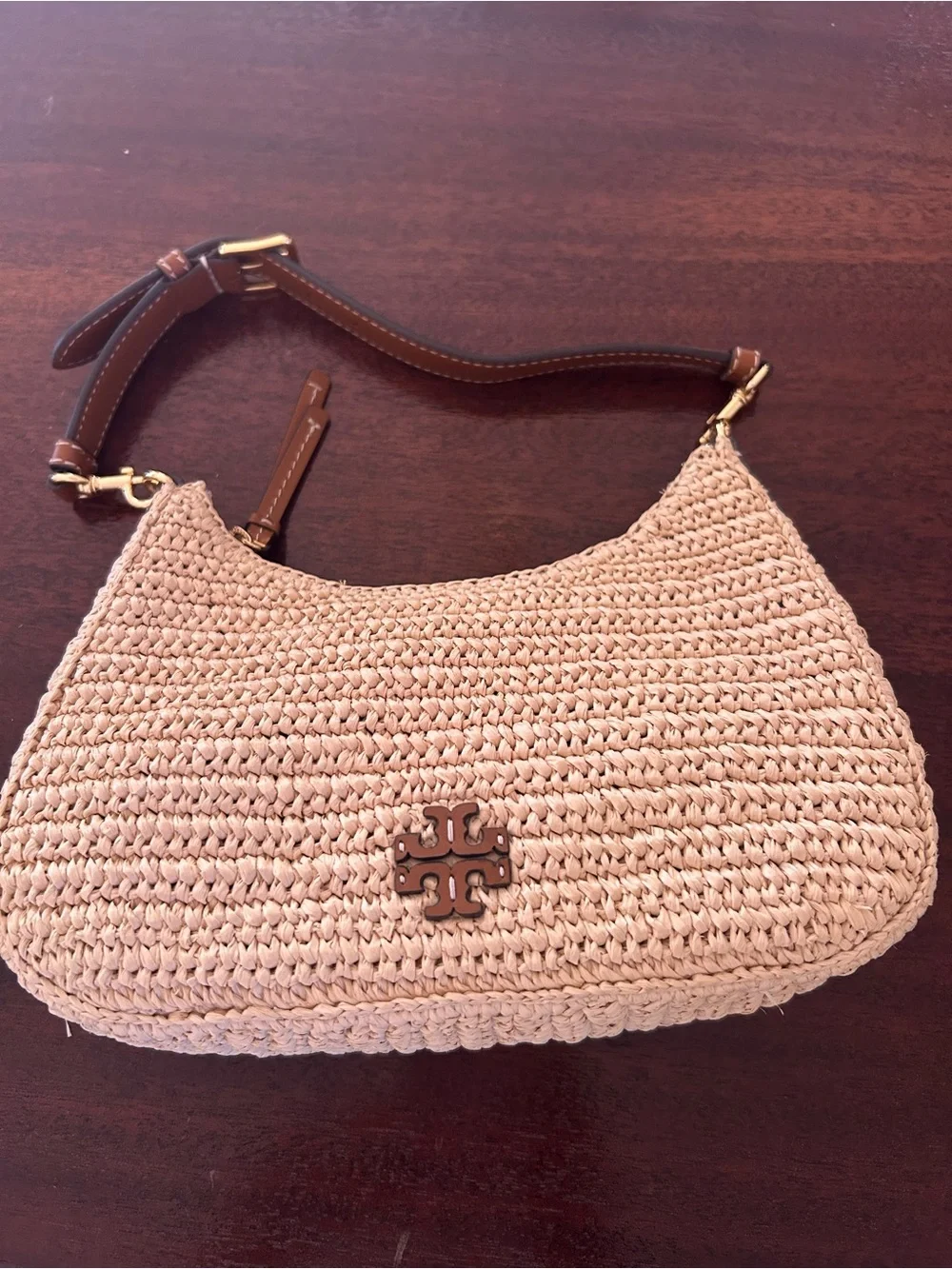 Tory Burch Cream Woven Straw Hobo with Brown Leather Trim